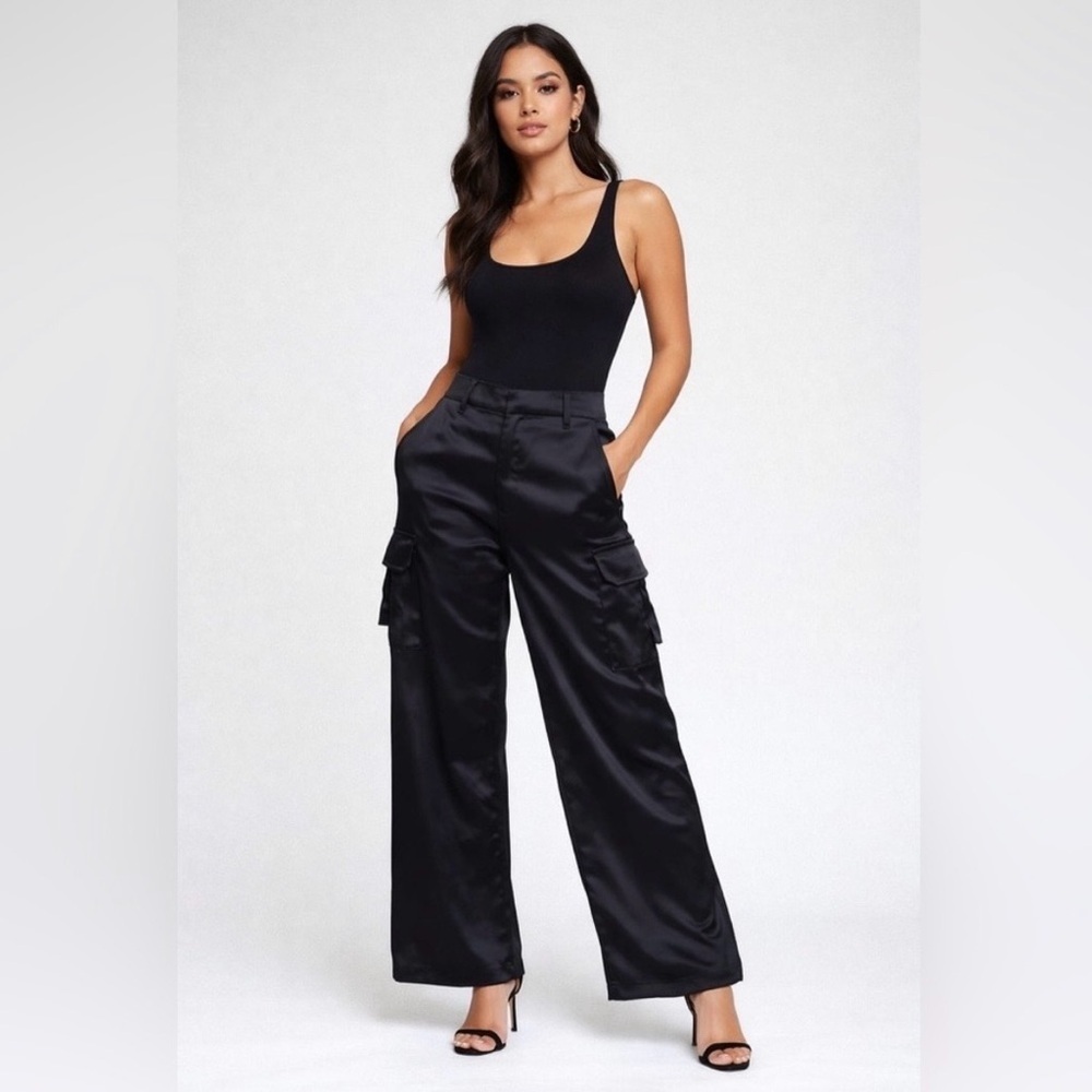 House of Harlow 1960 Black Satin Wide Leg Cargo Pants